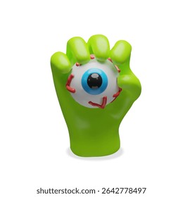 3D green monster hand holding a bloodshot eyeball. Funny and creepy vector icon for Halloween-themed projects, party decorations, posters, and clipart collections. Isolated on white background.