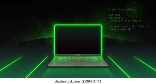 3d verde neon laptop tela escuro digital mockup. Modelo de design frontal em branco do conceito do pc do escritório na mesa com luz de linha conduzida. Maquete de negócio portátil para site de tecnologia futurista com brilho