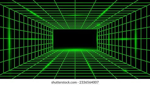 3d green neon wire frame grid room abstract perspective grid retro future concept