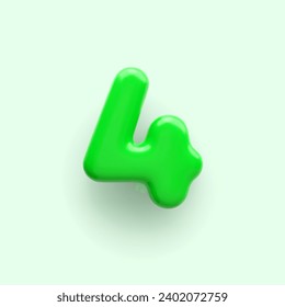 3D Green number 4 with a glossy surface on a light background .