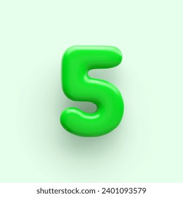 3D Green number 5 with a glossy surface on a light background .