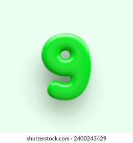 3D Verde número 9 con una superficie brillante sobre un fondo claro.