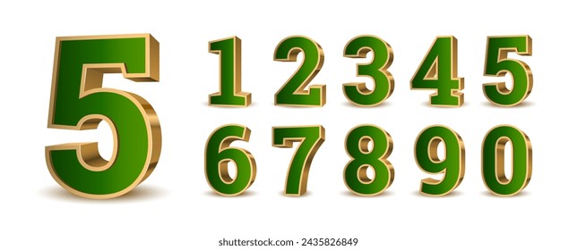 3d green numbers with golden outline. Symbol set. Vector illustration