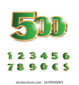 3d green numbers with golden outline. Symbol set. Vector illustration