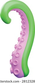 A 3D green octopus tentacle curled into a ring with pink round, convex suction cups. A character from the underwater world, an exotic delicacy. For games and menus. Vector. Render. Cartoon style.