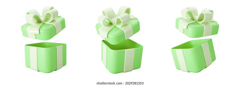 3d green open gift box set with pastel ribbon bow isolated on a white background. 3d render flying modern holiday open surprise box. Realistic vector icon for present, birthday or wedding banners