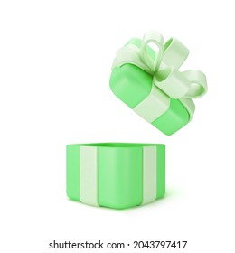 3d green open gift box standing on the floor with pastel ribbon bow isolated on a light background. 3d render modern holiday surprise box. Realistic vector icon
