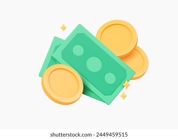 3D Green Paper Money and Gold floating Coins. Dollar banknote. Cash payment bill. Financial market. Finance profit. Win lottery concept. Cartoon creative design isolated on white. 3D Vector Object