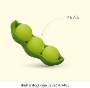 3D green pea pod in cartoon style. Bean culture, legume. Natural fresh ingredient for dishes. Vegetarian raw product. Vector template for advertising, web design