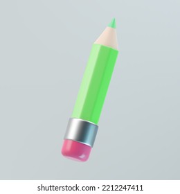3d green pencil icon with pink eraser isolated on gray background. Render pencil for education, writing or drawing concept. 3d cartoon simple vector illustration