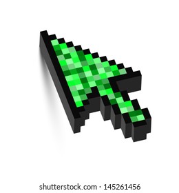 3D green pixelated mouse arrow cursor with shadow isolated on white background. Web concept. Vector.