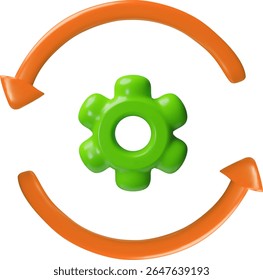 3d Green plastic gear in the center of two orange round arrows. Symbol of process, movement. Teamwork, repair. Vector illustration. Cartoon plastic style. Isolated background. Icon. Rendering.