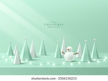 3D green podium background with Christmas tree, Snowman, Lightbulb. Abstract composition minimalist design. 3D Studio display showroom cosmetic product pedestal, Fashion stage showcase mockup scene