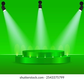 3D green podium background with green cylinder pedestal and reflective light scene. Platforms mockup supports product display presentation. Abstract pastel composition in minimalist design. Stage show