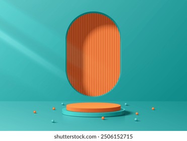 3D green podium background with orange pattern in round window wall. Abstract composition minimalist design. 3D Studio display showroom cosmetic product pedestal, Fashion stage showcase mockup scene.