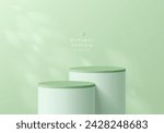 3D green podium background with white cylinder pedestal and leaf natural light scene. Platforms mockup stand product display presentation. Abstract pastel composition in minimal design. Stage showcase