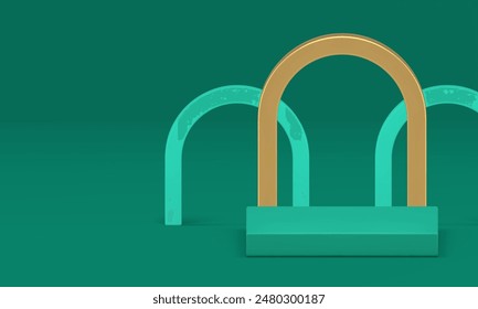 3d green podium geometric shapes luxury display for presentation realistic vector illustration. Advertising showcase squared pedestal stage platform with golden arch wall background for product show