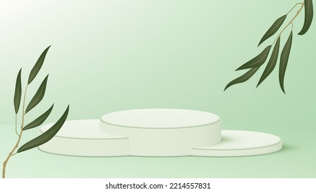 3D Green Product Display Podium With Olive Branches. EPS10 Vector