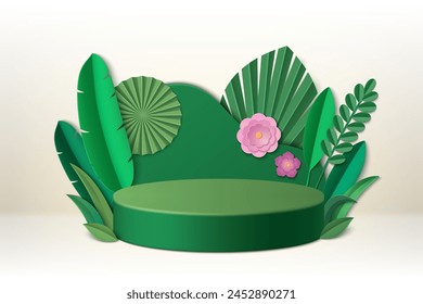 3d green product podium with paper cut leaves and flower. Realistic vector illustration of cylinder goods display platform with origami foliage. Geometric eco presentation stage with plant shapes.