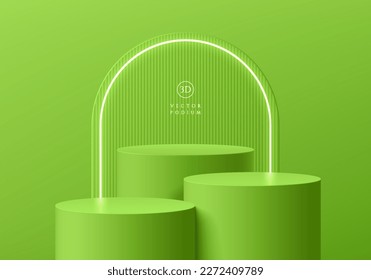 3D green realistic stand podium set background with glowing neon light and arch backdrop. Minimal wall scene mockup product stage showcase, Banner promotion display. Abstract vector geometric forms.