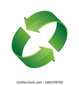 3d green recycling icon. Symbol of cyclic rotation, recycle, renewal.