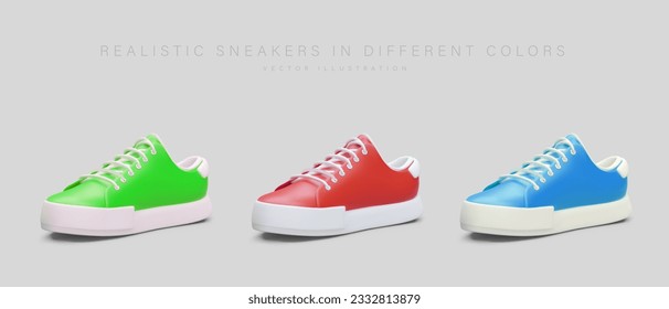 3d green, red and blue gumshoes. Advertising poster with sporty shoes for man and woman. Vector design in cartoon style with gray background and place for text