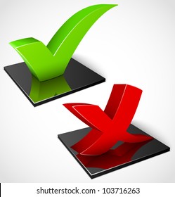 3d green and red check mark symbols. Vector illustration