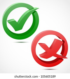 3d green and red check mark symbols. Vector illustration