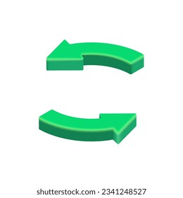 3D Green Refresh circle arrows. Vector isometric round reload arrow icon isolated on white background. 3D recycle render design element for app, web, advert.