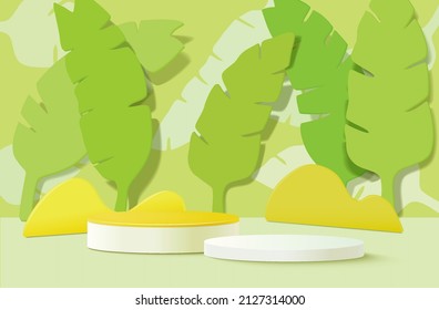 3d green rendering with podium and banana leaves scene.