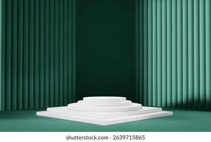 3d green room background with white podium and column. Product display with platform. Abstract geometric light scene.