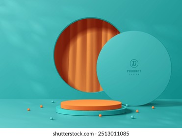 3D green round podium background with orange curtain in circle window. Abstract composition minimalist design. 3D Studio display showroom cosmetic product pedestal, Fashion stage showcase mockup scene