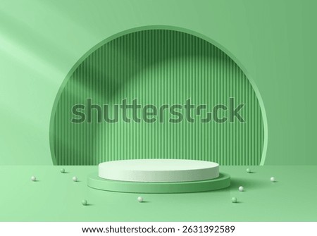 3D green round podium background with semi-circle window in room. Abstract composition minimalist design. 3D studio display showroom cosmetic product pedestal, Fashion stage showcases mockup scene.