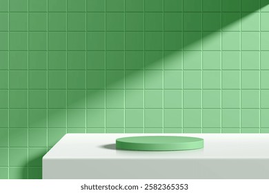 3D green round podium table background with green square tile wall. Abstract composition minimalist design. Studio display showroom cosmetic stand product pedestal, Fashion stage showcase mockup scene