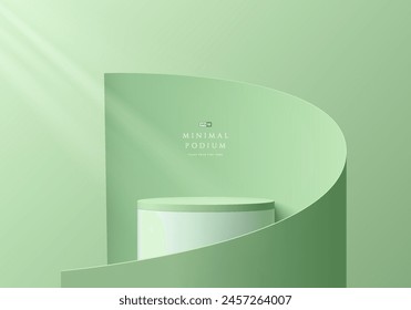 3D green round product podium background with paper cut swirl flow. Abstract composition in minimal design. 3D studio showroom product pedestal, Fashion showcase mockup scene. Vector banner cosmetic.