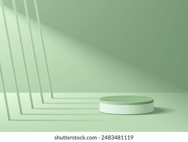3D green round product podium background with 4 pillars backdrop. Abstract composition in minimalist design. 3D studio display showroom cosmetic product pedestal, Fashion stage showcase mockup scene.