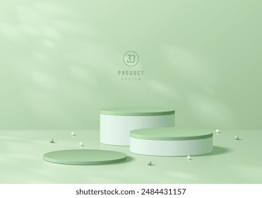 3D green round product podium set background with natural light. Abstract composition in minimalist design. 3D studio display showroom cosmetic product pedestal, Fashion stage showcase mockup scene.