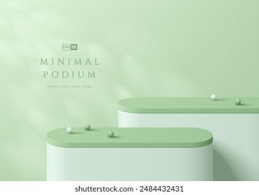 3D green round product podium background with natural light on wall. Abstract composition in minimalist design. Studio display showroom cosmetic product pedestal, Fashion stage showcase mockup scene.