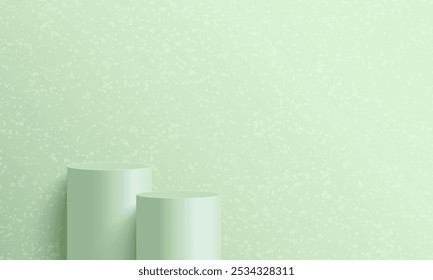 3D green round product podium set background with natural light. Abstract composition in minimalist design. 3D studio display showroom cosmetic product pedestal, Fashion stage showcase mockup scene.