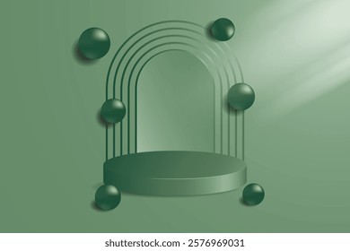 3D green round product podium with ball decoration set background with natural light. Abstract composition in minimalist design. 3D studio display showroom cosmetic product pedestal, fashion stage dis