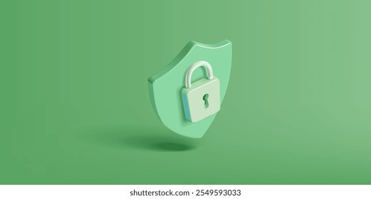 3D green shield with lock on green background. Modern banner for security, protection concepts. Personal data protection. Vector illustration.