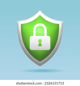 3d green shield padlock. Internet security, firewall, antivirus, protected. Secure internet icon. Protective shield sign, symbol security protection web.