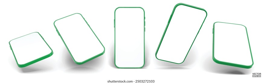 3D green smartphone mockup with white screen. Green mobile phone isolated on white background. 3d vector illustration.