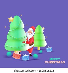 3D Green Snowy Xmas Trees with Cartoon Santa Claus, Baubles and Gift Boxes on Violet Background for Merry Christmas Celebration.
