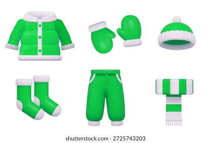 3d meias verdes, jaqueta para baixo, lenço listrado, luvas, chapéu, ícone calça quente. Vestuário de inverno em estilo cartoon. Ilustração de vetor de estoque em plano de fundo isolado.