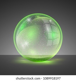3d green sphere.Vector illustration of transparent clear shiny crystal ball logo.