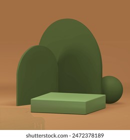 pedestal de podio cuadrado verde 3d con fondo de pared curvado Ilustración vectorial realista. Exhibición geométrica minimalista con elemento de decoración de la esfera sala de exposición beige neutro para la presentación del producto