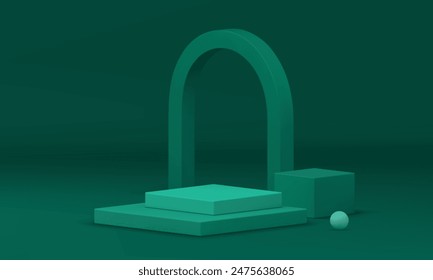 3d verde cuadrado podio pedestal maqueta para mostrar producto Ilustración vectorial realista. Escaparate geométrico de la representación de moda de la exhibición de la exhibición con el fondo de pared del arco de la esfera del cubo para la presentación
