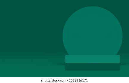 3d green squared podium pedestal with round wall background for show realistic vector illustration. Trendy minimalist showcase geometric display for product commercial presentation sale shopping