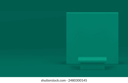3d green squared podium with wall background for product show realistic vector illustration. Minimalist geometric pedestal trendy rendering commercial advertising showcase display for presentation
